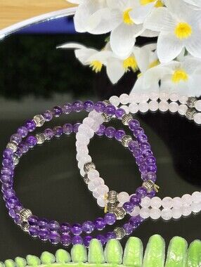 Amethyst & Rose Quartz Beaded Wrap Bracelets - Purple & Pink Set